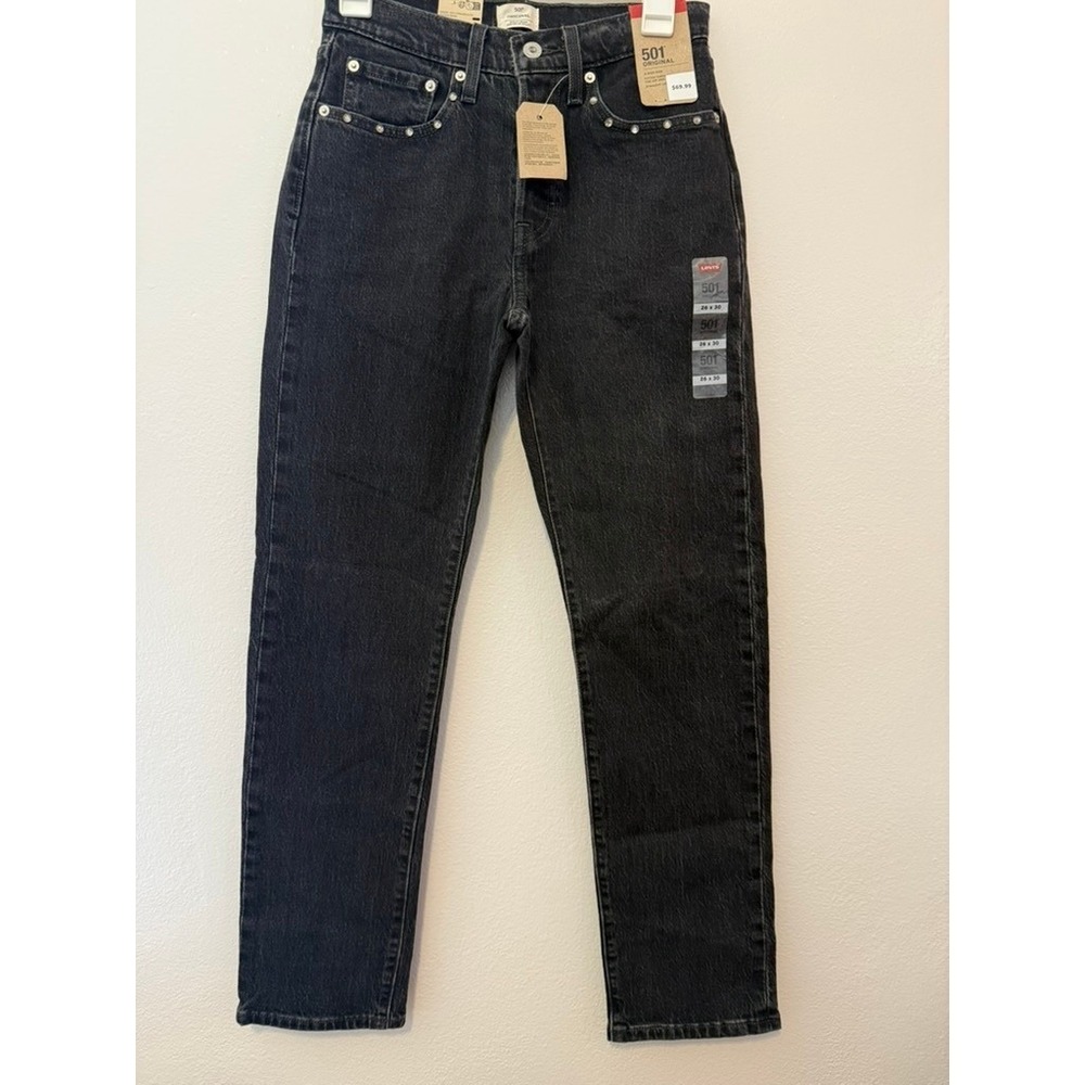 Levis 501 Original High Rise Straight Leg Studded Jeans Black 26x30 NEW